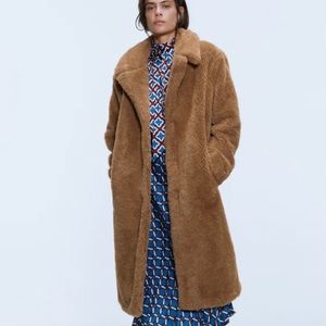 ZARA LONG FAUX FUR COAT NWT